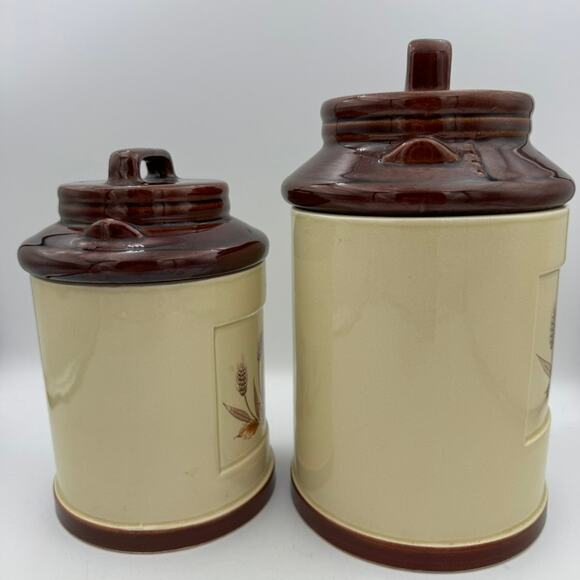 Vintage Made in Japan Ceramic Kitchen Canisters Wheat Floral Farmhouse Brown - Picture 4 of 13